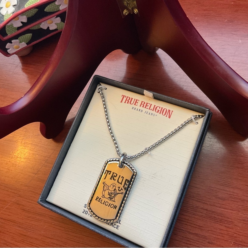 True Religion Stainless Steel Buddha Dog Tag Necklace #YC